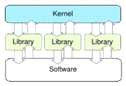 Esquema b�sico de la interacci�n entre un Exon�cleo (Exokernel) con el Software a trav�s de bibliotecas.